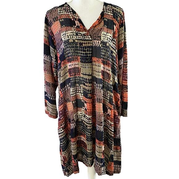 Masai Size M Abstract Print Shift Dress Semi Sheer Pockets Long Sleeves Viscose - Picture 1 of 5